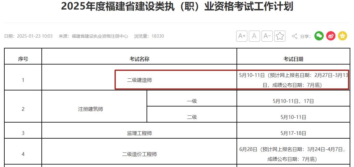 2025年福建二級(jí)建造師考試時(shí)間5月10-11日