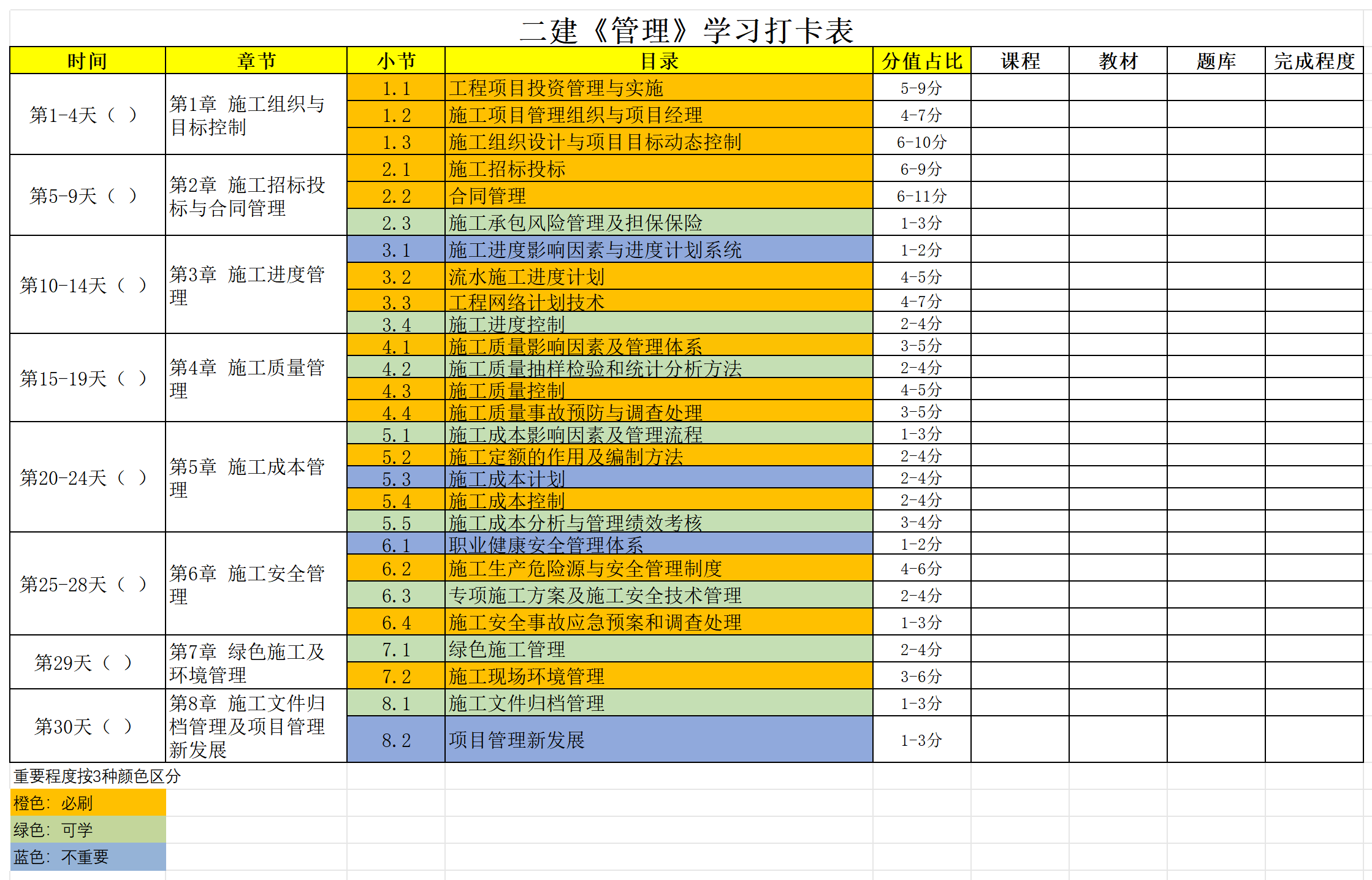 2026年二級建造師學習打卡表_管理12 2026年二級建造師學習打卡表_管理12